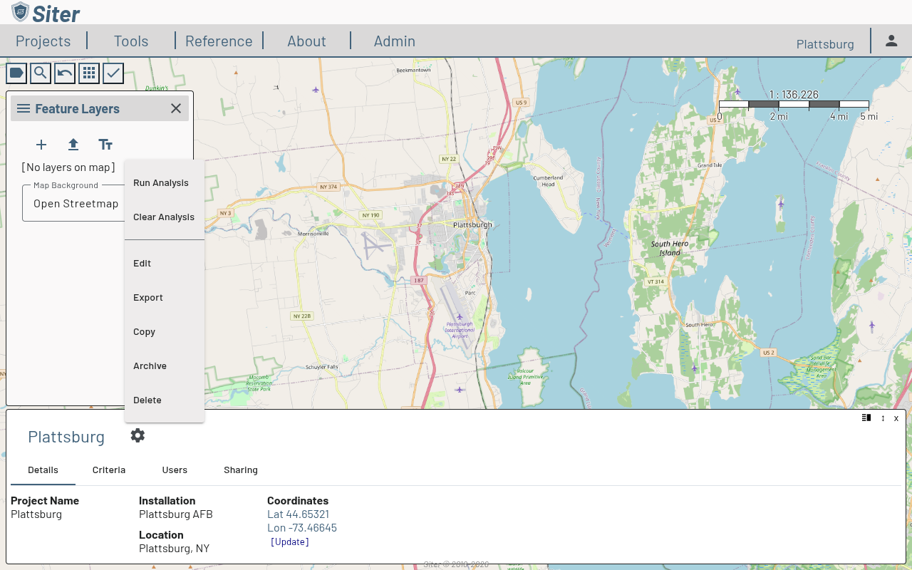 Project settings menu showing Run Analysis, Edit, Export, Copy, Archive, and Delete options