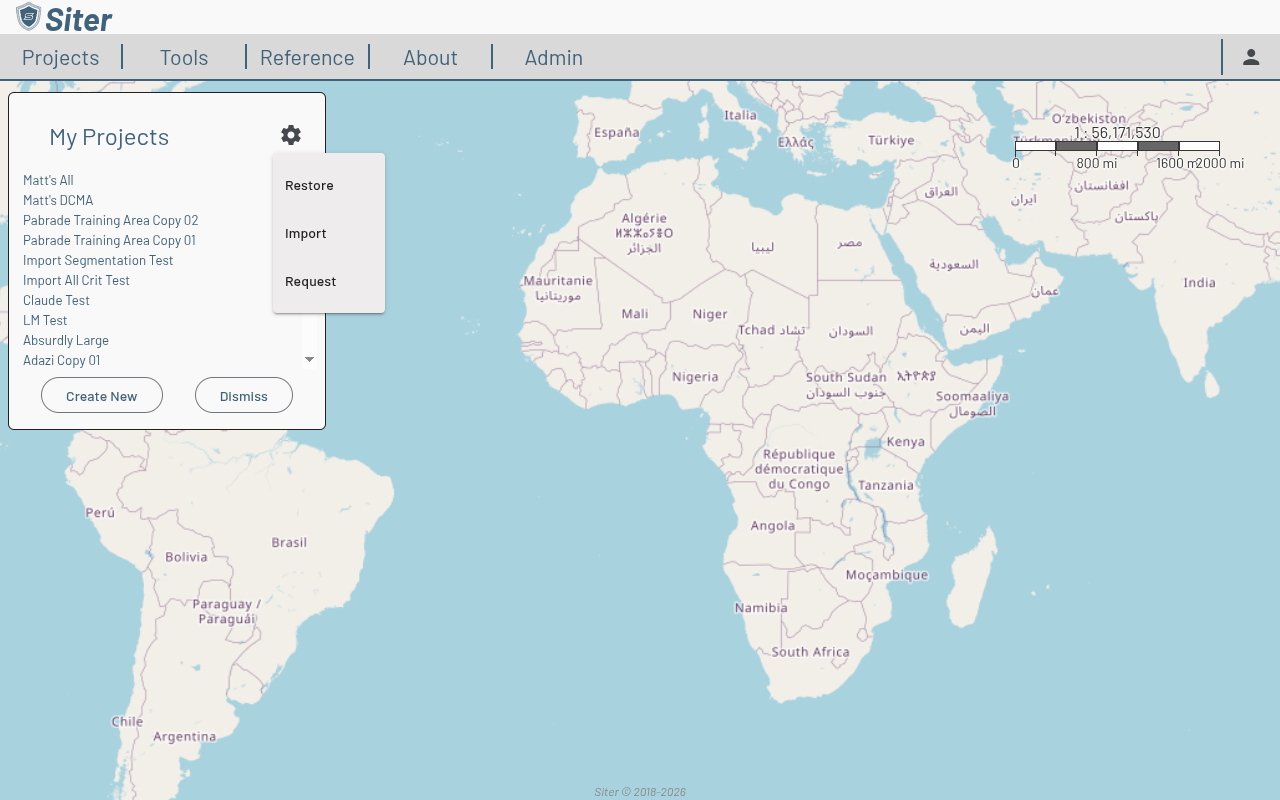 My Projects settings menu with Restore, Import, and Request options
