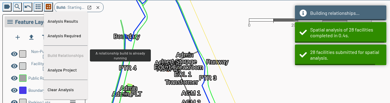 Map toolbar showing the Build progress indicator with a pair count, an open-editor button, and a Cancel Build button next to the analysis status button