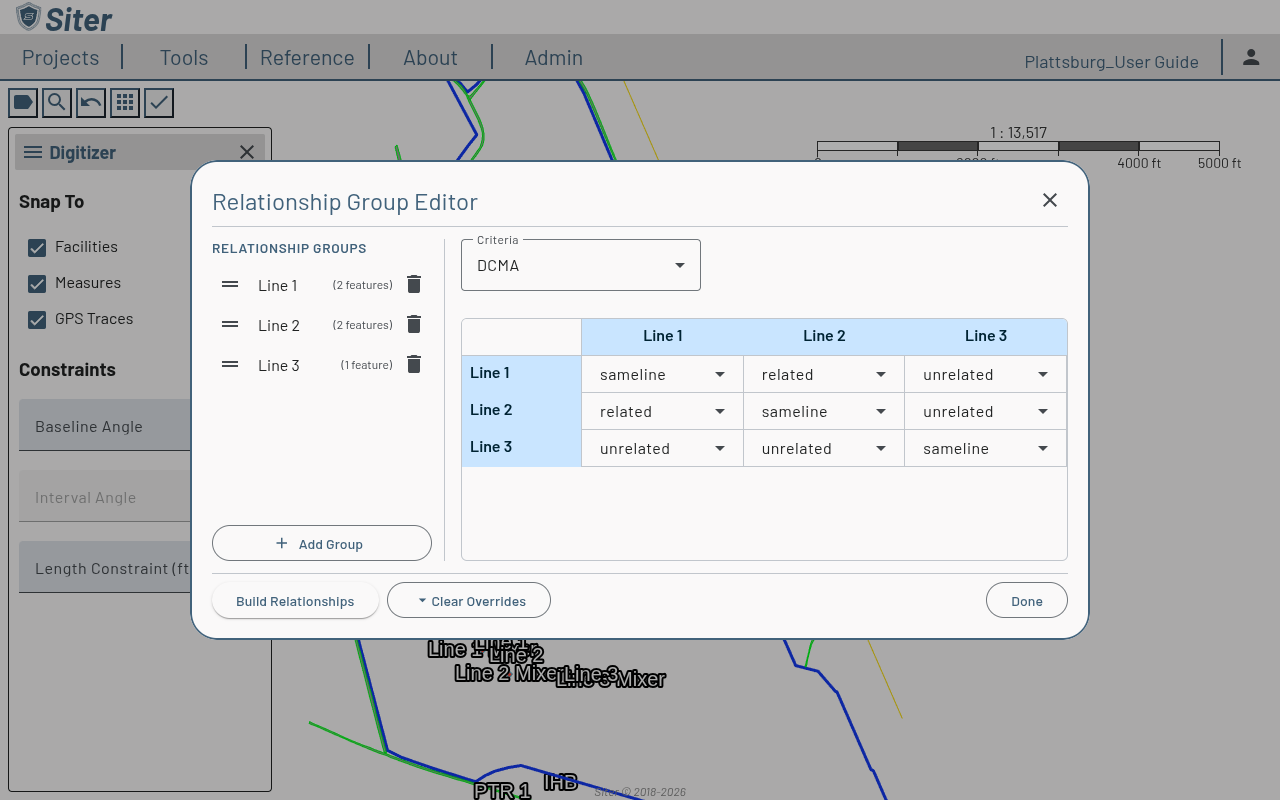 Relationship Group Editor dialog showing three groups (Line 1, Line 2, Line 3) with feature counts and a 3×3 sameline/related/unrelated criteria matrix for DCMA