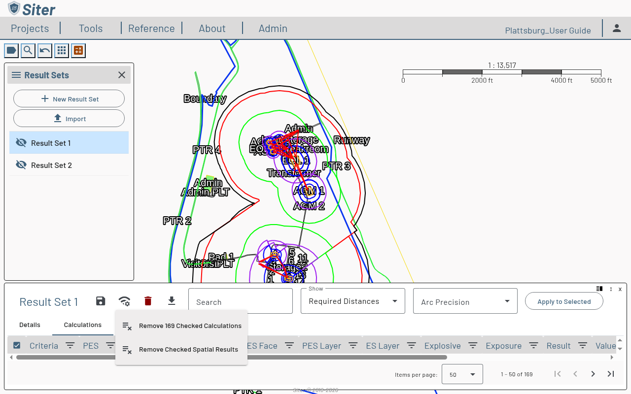 Result Set toolbar with the Arc Tools menu open, showing Remove Checked Calculations and Remove Checked Spatial Results