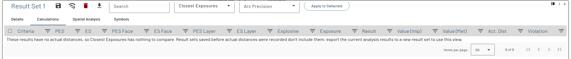 Result Set 1 Calculations tab with Show set to Closest Exposures and the message that these results have no actual distances