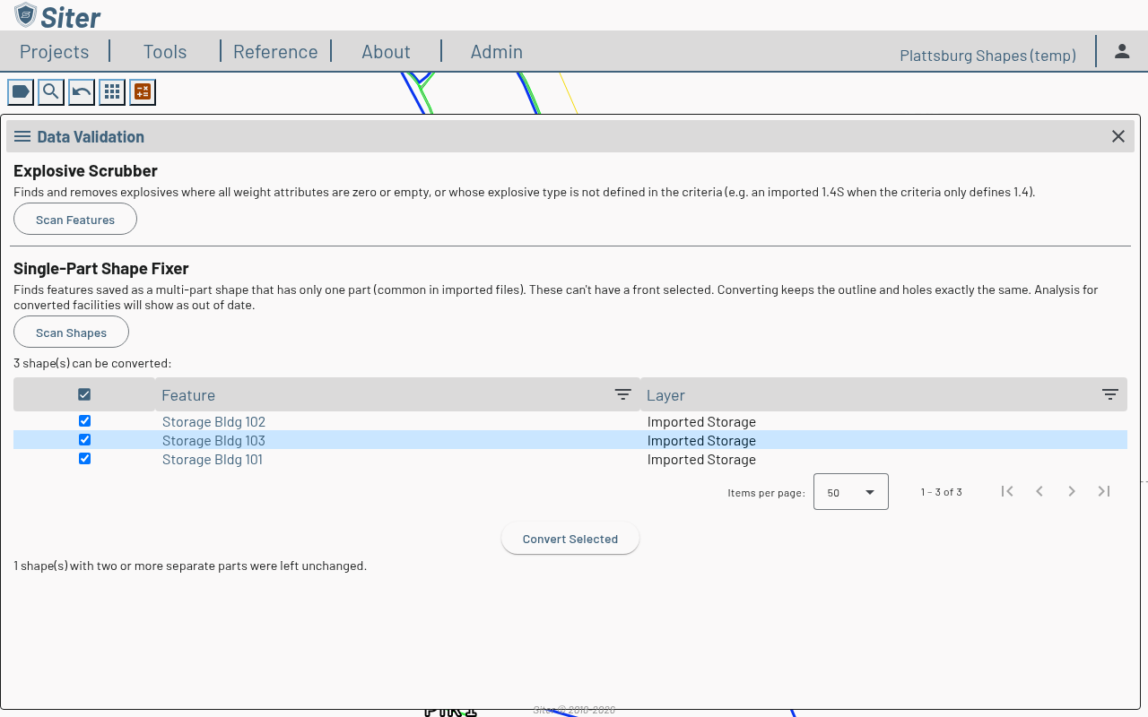 Single-Part Shape Fixer scan results listing three features on the Imported Storage layer, each ticked, with a Convert Selected button and a note that one shape with two or more separate parts was left unchanged