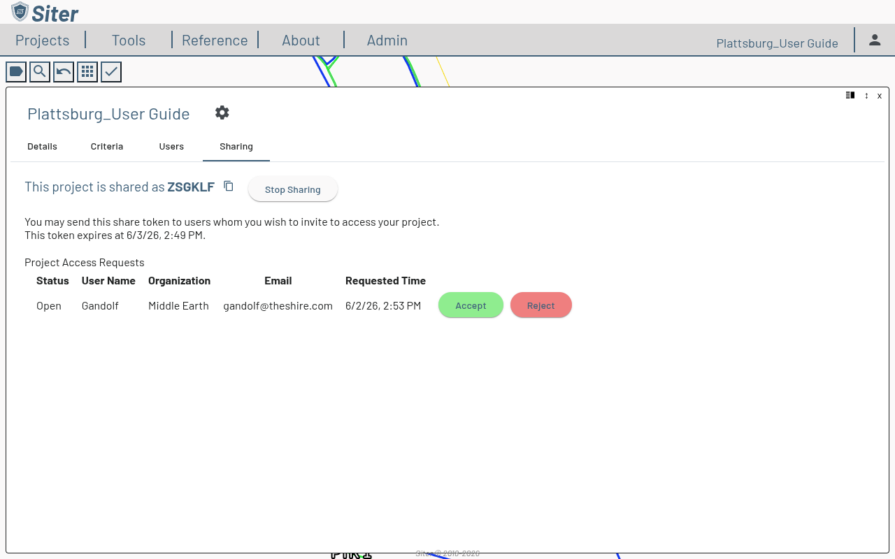 Project Access Requests table showing an Open request from Gandolf with Accept and Reject buttons