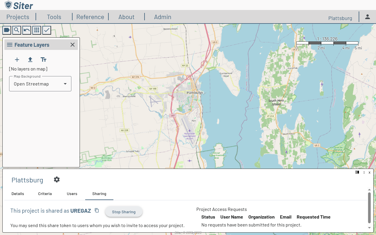 Sharing tab showing active share token UREGAZ with copy button, Stop Sharing option, and access requests table