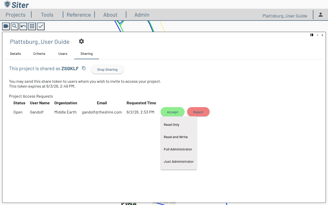 Role menu shown after clicking Accept, listing Read Only, Read and Write, Full Administrator, and Just Administrator