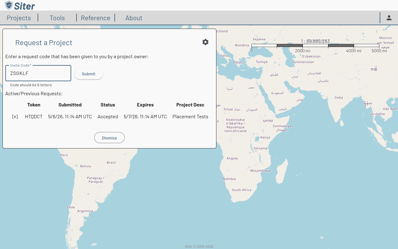 Request a Project panel with an invite code entered, a Submit button, and an Active/Previous Requests table