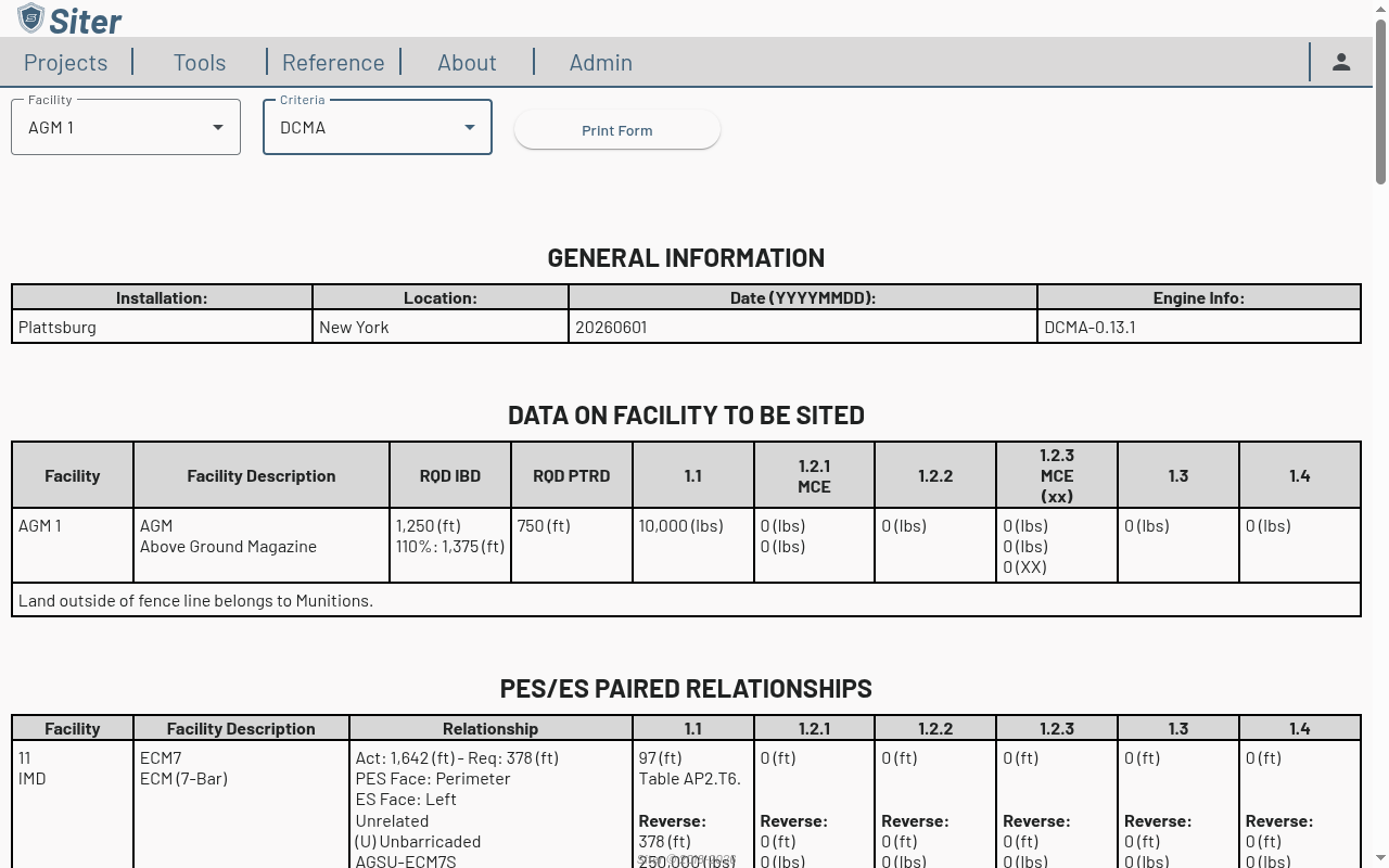 Generated DCMA submittal form showing General Information, Data on Facility to be Sited, and PES/ES Paired Relationships sections