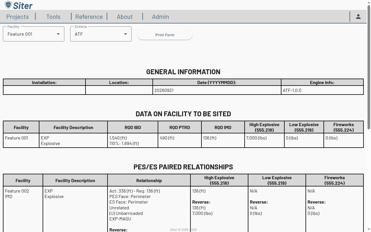 ATF PES submittal form for a facility in an ATF-criteria project, showing the RQD IBD / PTRD / IMD columns and the High Explosive, Low Explosive, and Fireworks columns