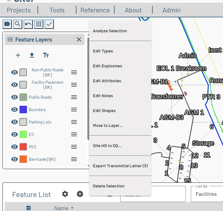 Feature List bulk actions menu with Export Transmittal Letter (3) above Delete Selection