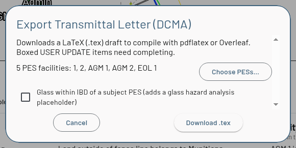 Export Transmittal Letter (DCMA) dialog listing five selected PES facilities, with the Choose PESs… button, the Glass within IBD checkbox and the Download .tex button