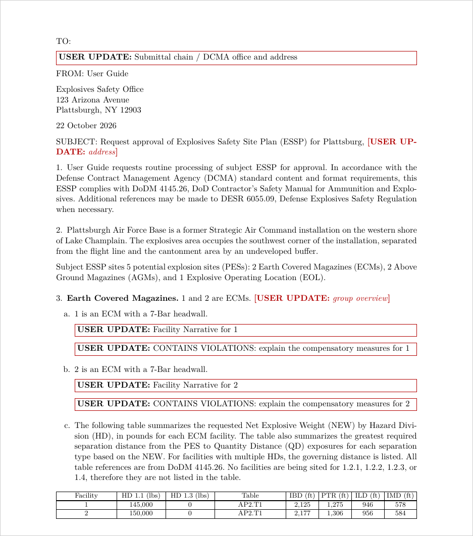 First page of a compiled transmittal letter: the TO and subject USER UPDATE markers, the FROM block and request paragraph, the installation overview, and the Earth Covered Magazines paragraph with Facility Narrative and CONTAINS VIOLATIONS markers above the NEW and governing-distance table