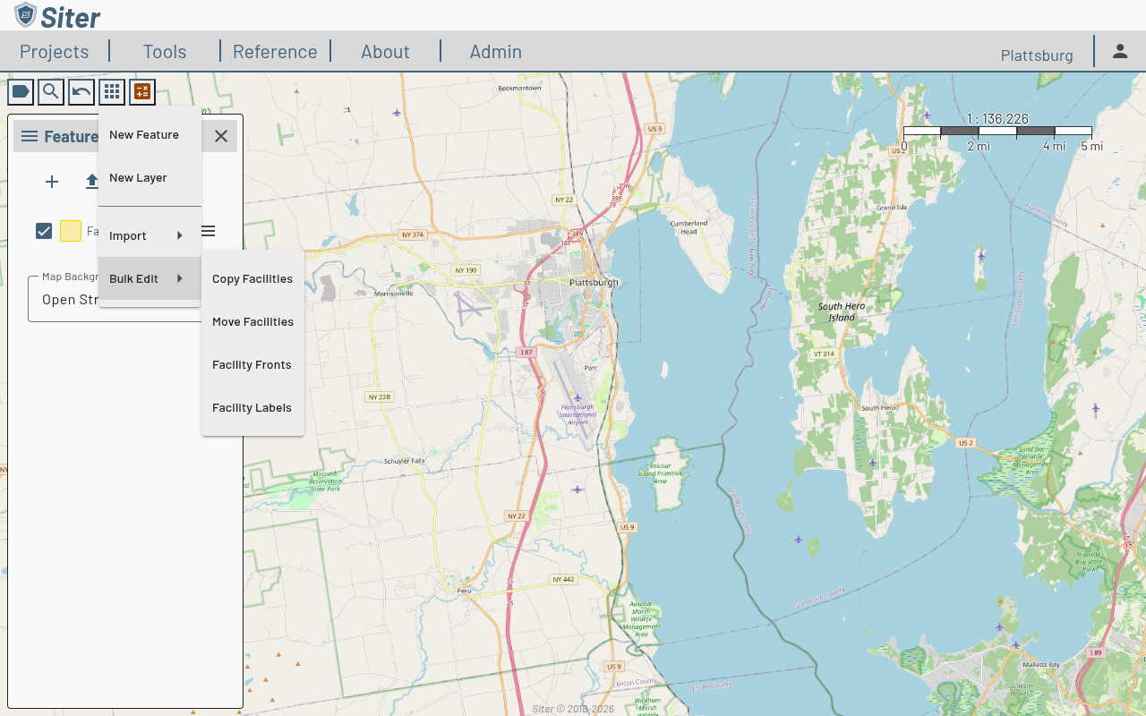 Bulk Edit submenu showing Copy Facilities, Move Facilities, Facility Fronts, and Facility Labels options